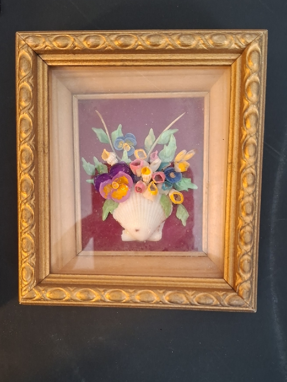 Small Framed 1950s Shell & Floral Wall Art - Gold Frame, Multicolor